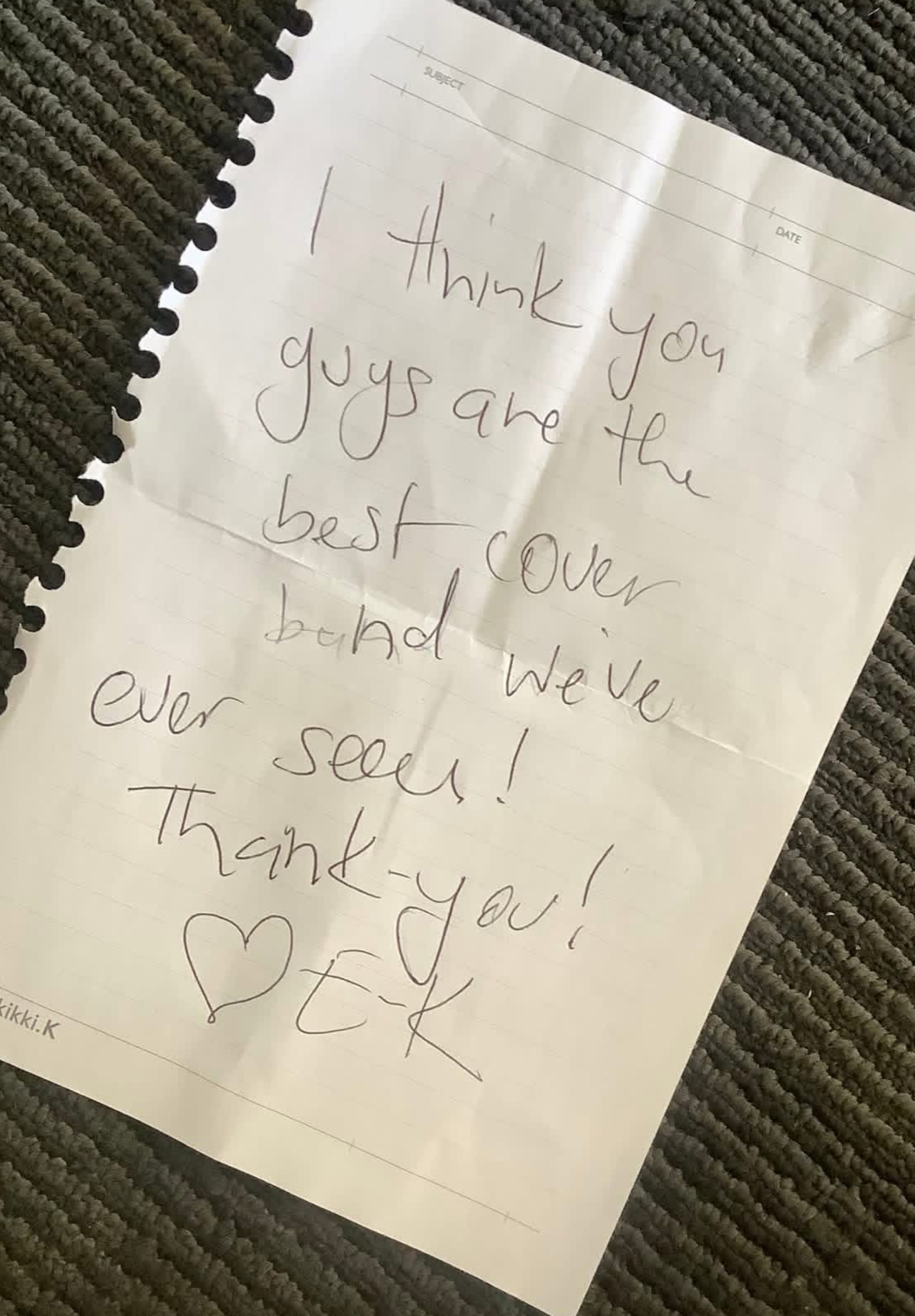 Note left for the band